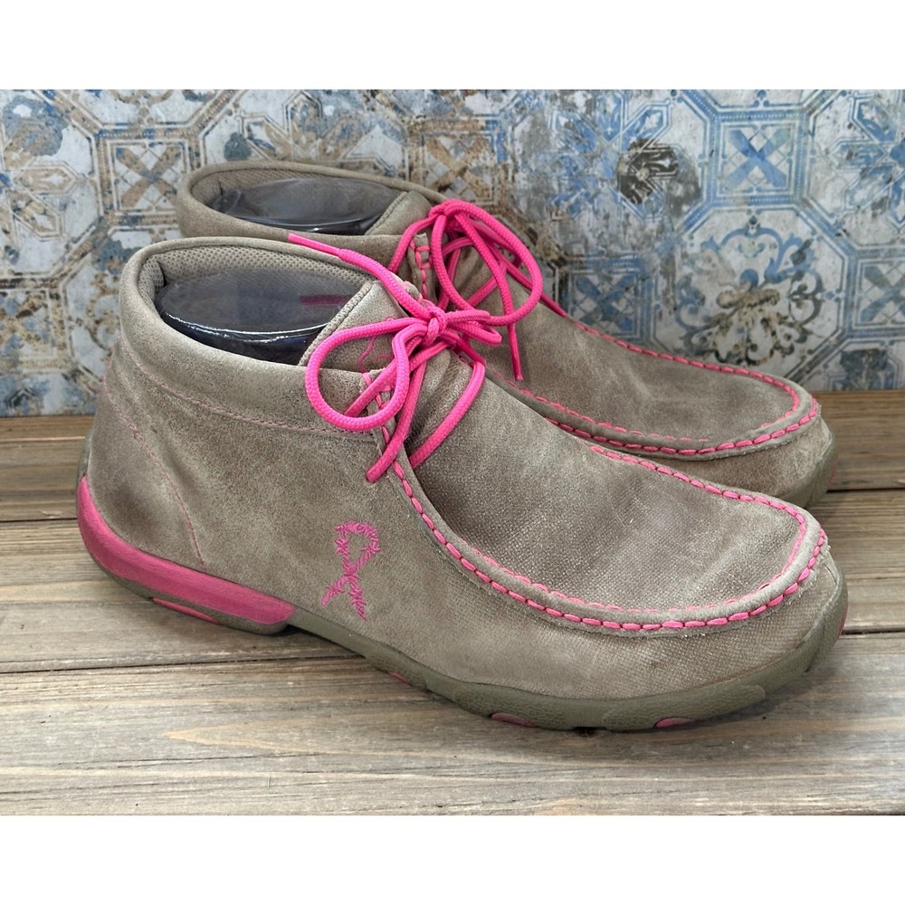 Twisted X Driving Moc Chukka Breast Cancer Ribbon Womens 8.5 Tan Pink Good